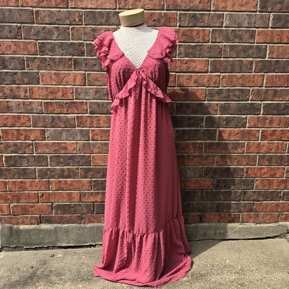 Francescas Ruffle Strap Clipdot Maxi Dress Rose Cutout Sleeveless Ruffle Sz L - Picture 2 of 14
